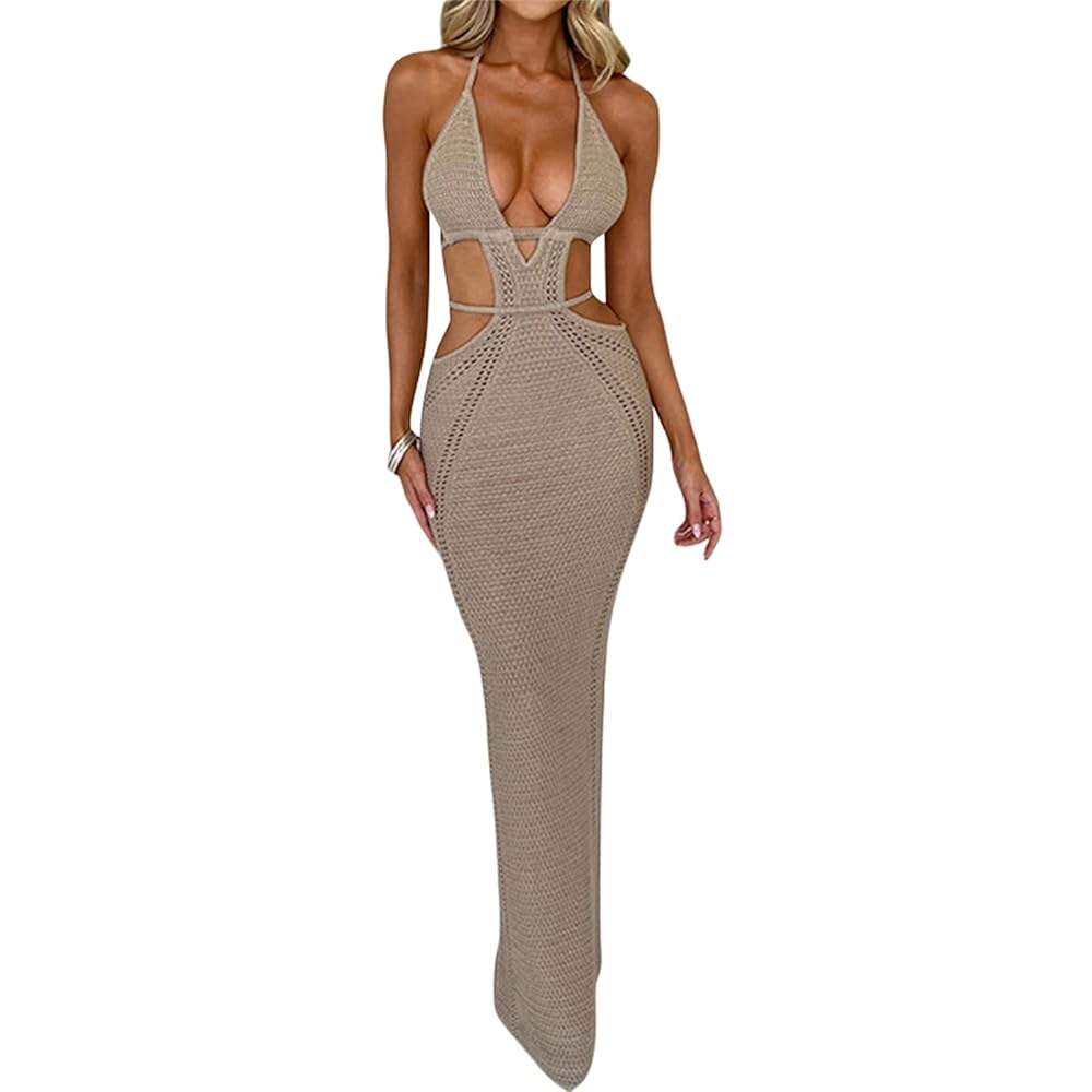 Amazon.com: Tsnbre Women Knitted Halter Neck Maxi Dress Sexy